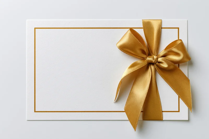 Blank white gift card with gold satin ribbon bow on plain surface
