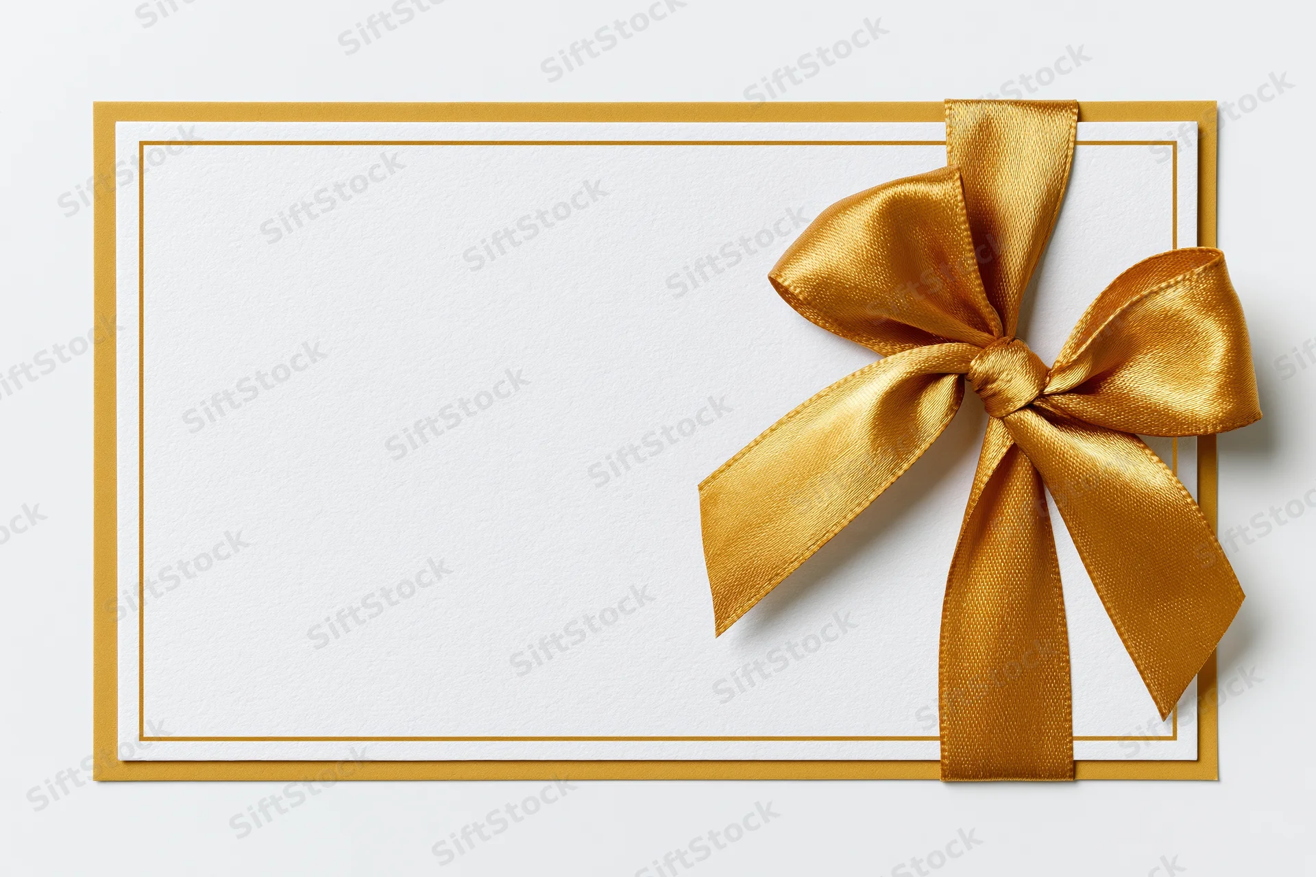 Blank white gift card with gold satin ribbon bow on plain surface