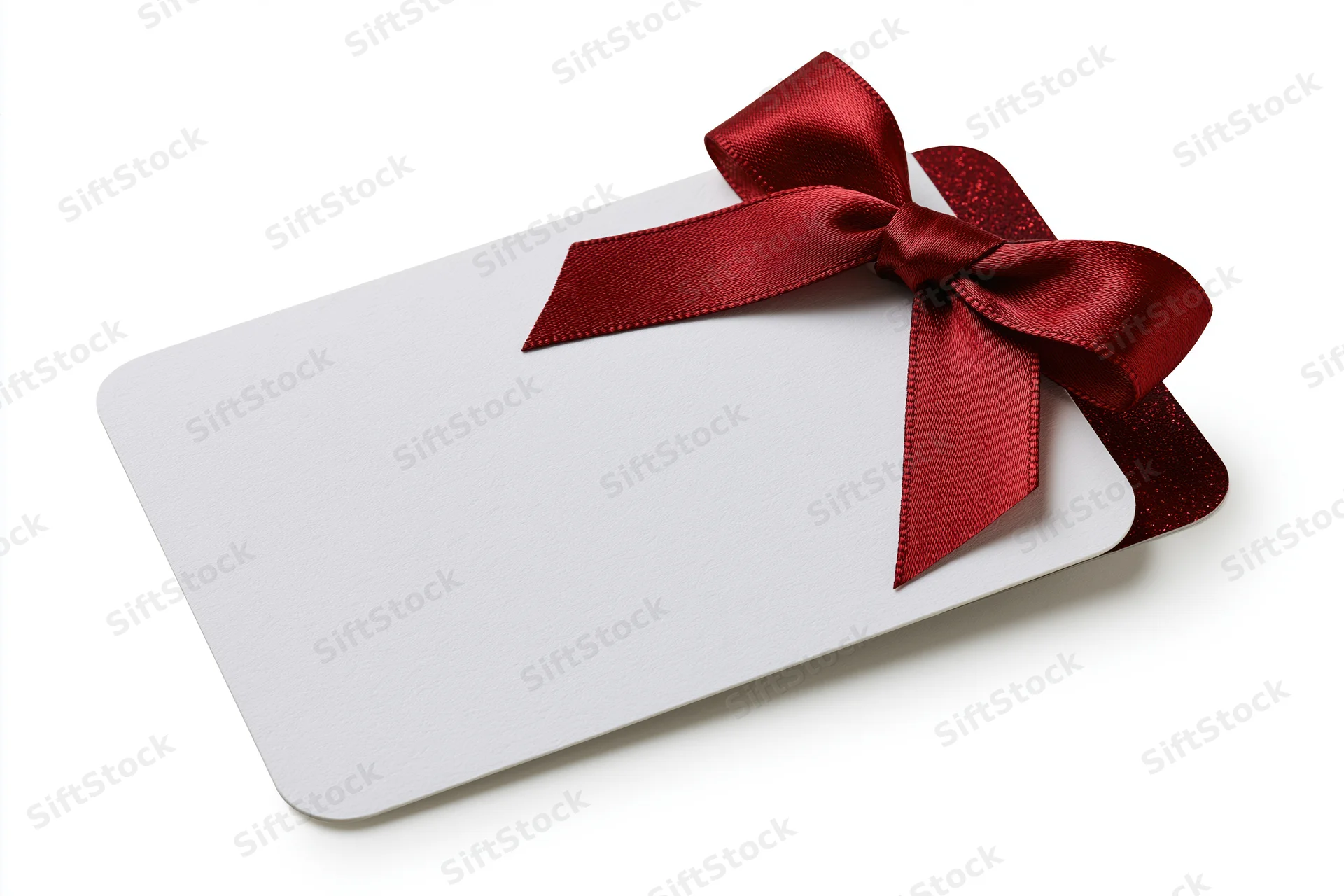 Blank white gift card with red satin ribbon bow on white background