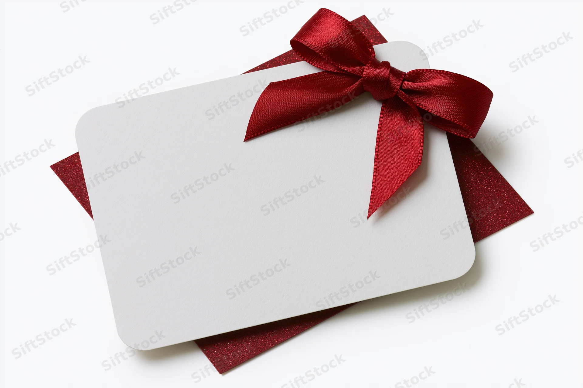 Blank white gift card with red ribbon bow on white background
