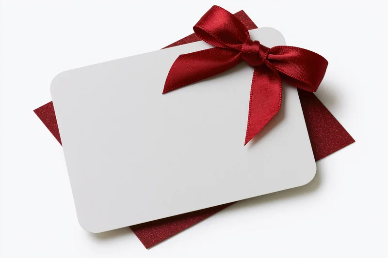 Blank white gift card with red ribbon bow on white background