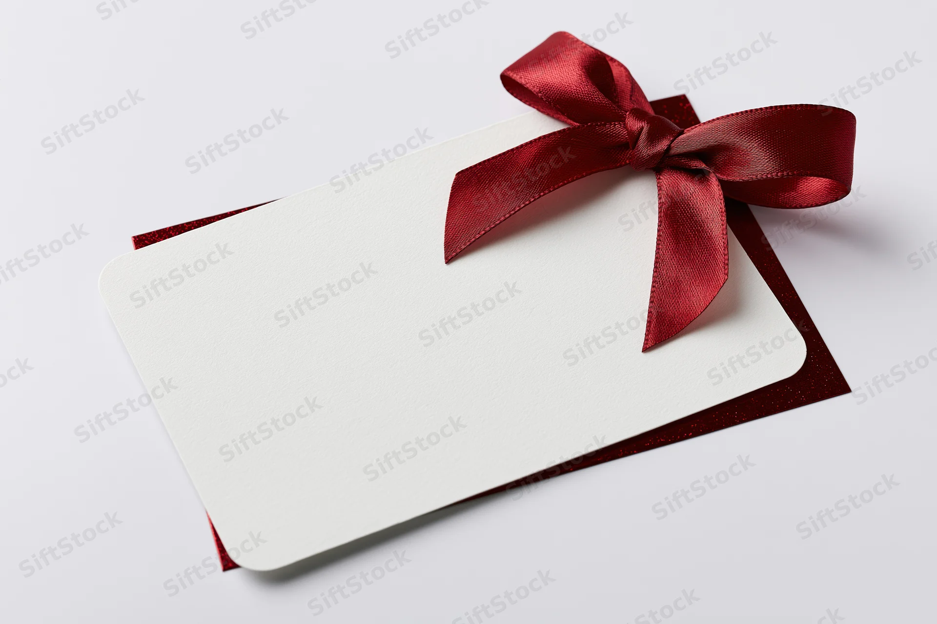 Blank white gift card with red satin ribbon bow lying flat on white background