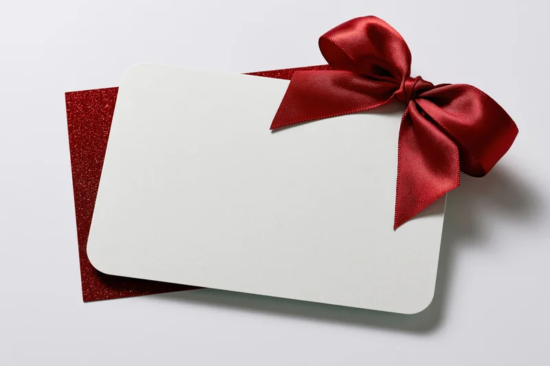 Blank white gift card with red satin bow on dark glitter surface
