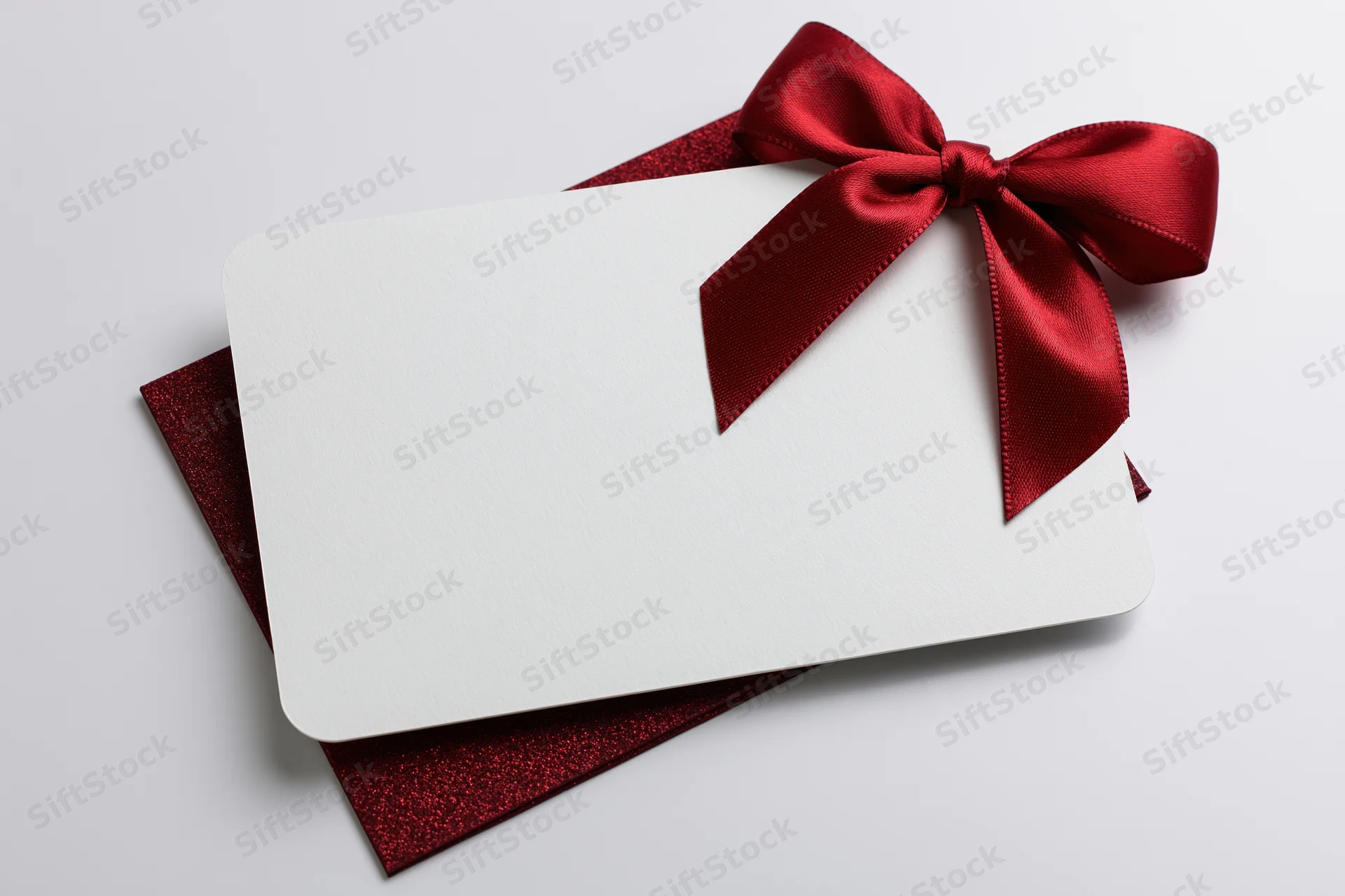 Blank white gift card with red satin bow on glittery red paper, isolated on white background