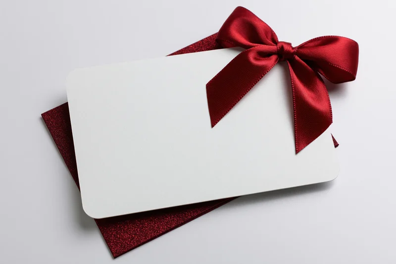 Blank white gift card with red satin bow on glittery red paper, isolated on white background