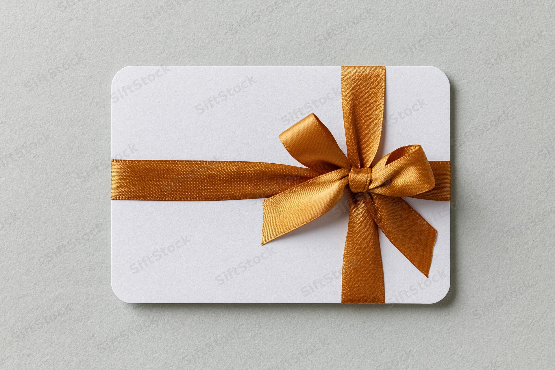 White gift card with rounded corners wrapped horizontally with a gold ribbon bow