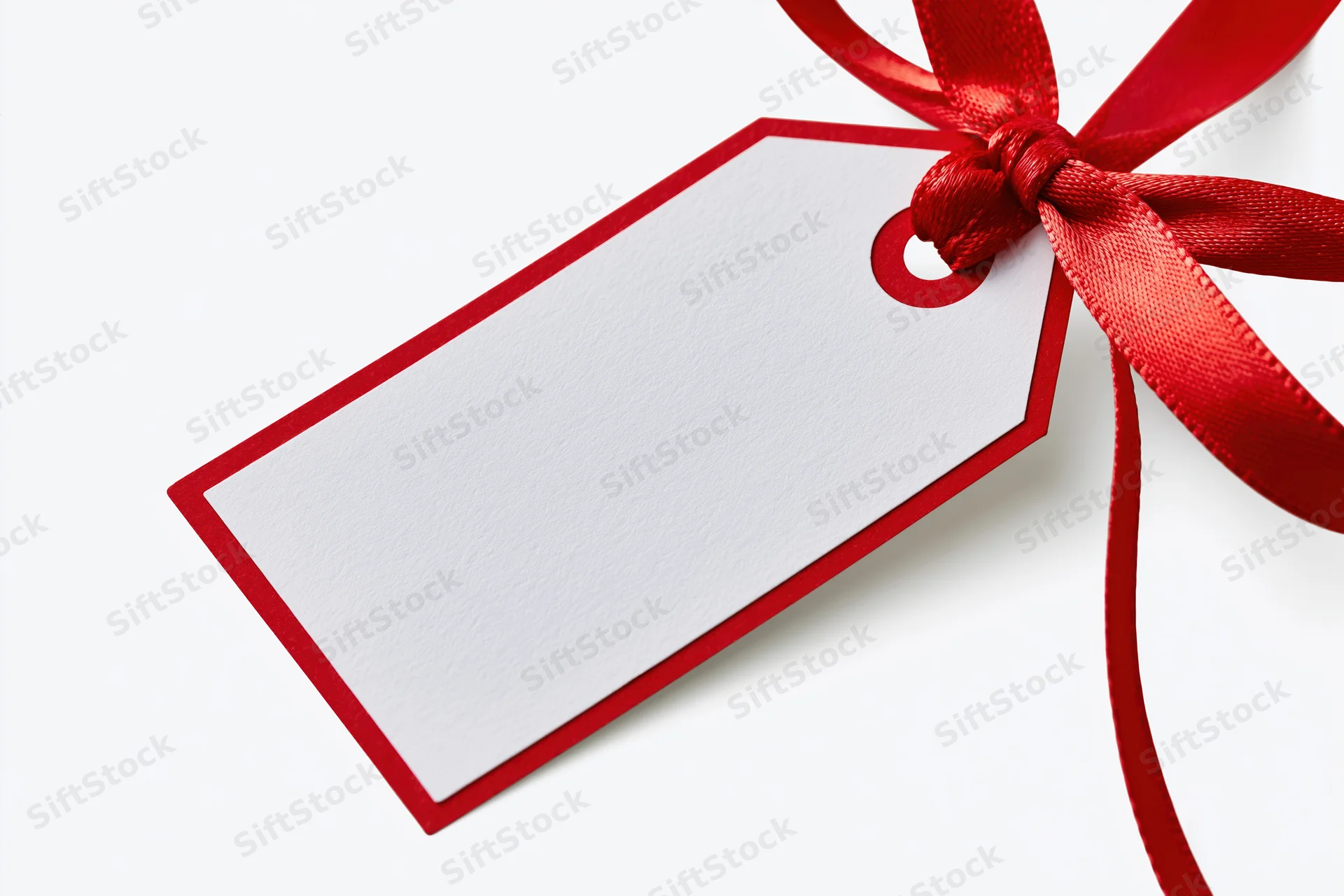Blank white gift tag with red border and red ribbon bow on white background
