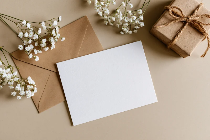 Blank white greeting card lying flat next to a kraft paper envelope and small gift box with baby's breath flowers on beige surface