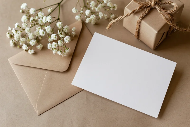 Blank white greeting card lying flat next to kraft envelope and gift box with twine and baby's breath flowers on brown paper surface