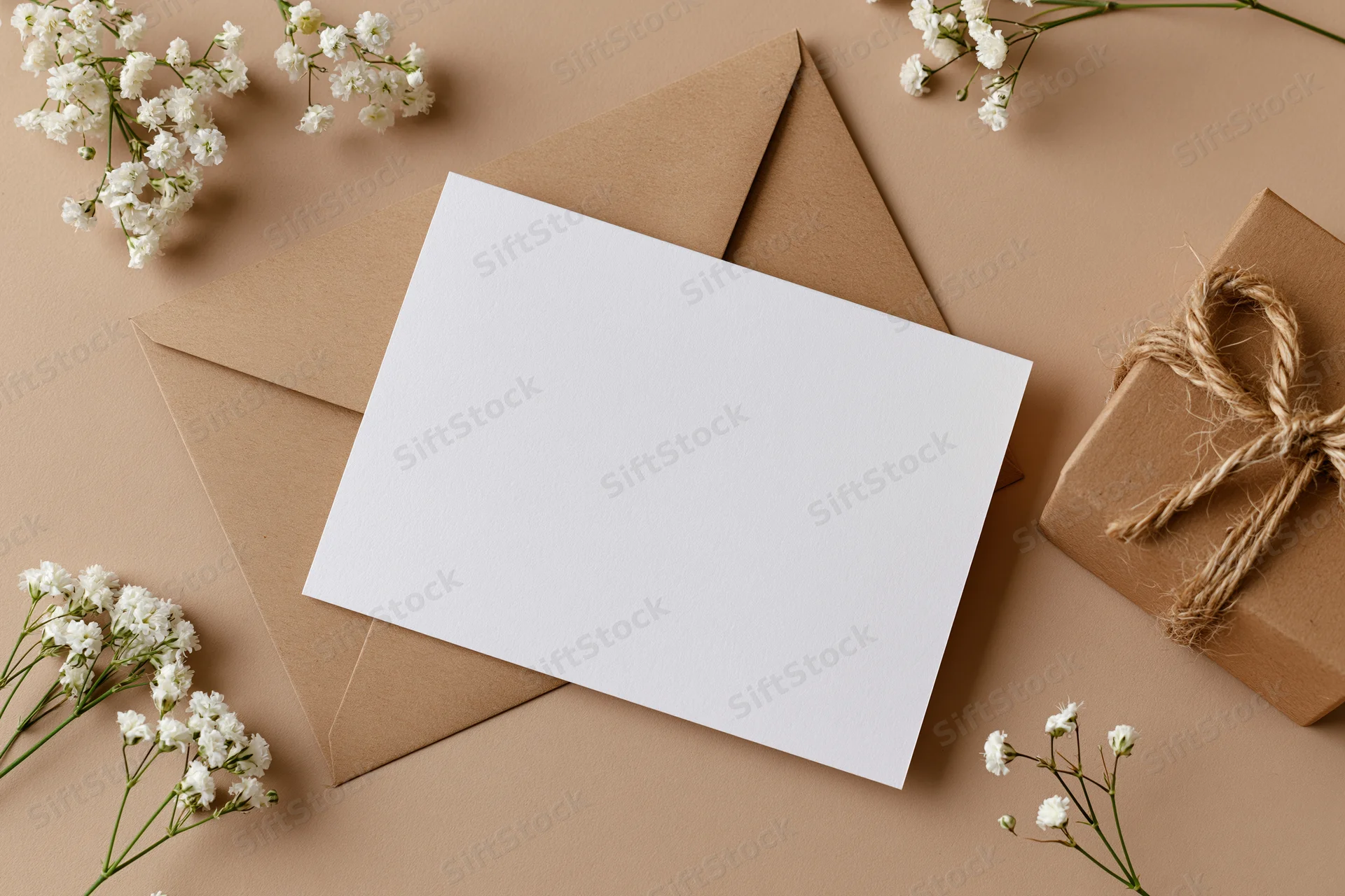 Blank white card on kraft envelope with baby's breath flowers and gift box, flat lay arrangement