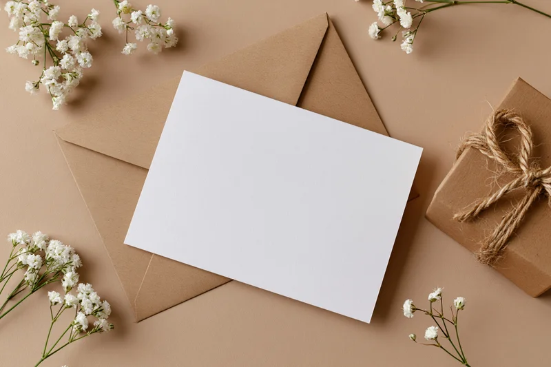 Blank white card on kraft envelope with baby's breath flowers and gift box, flat lay arrangement