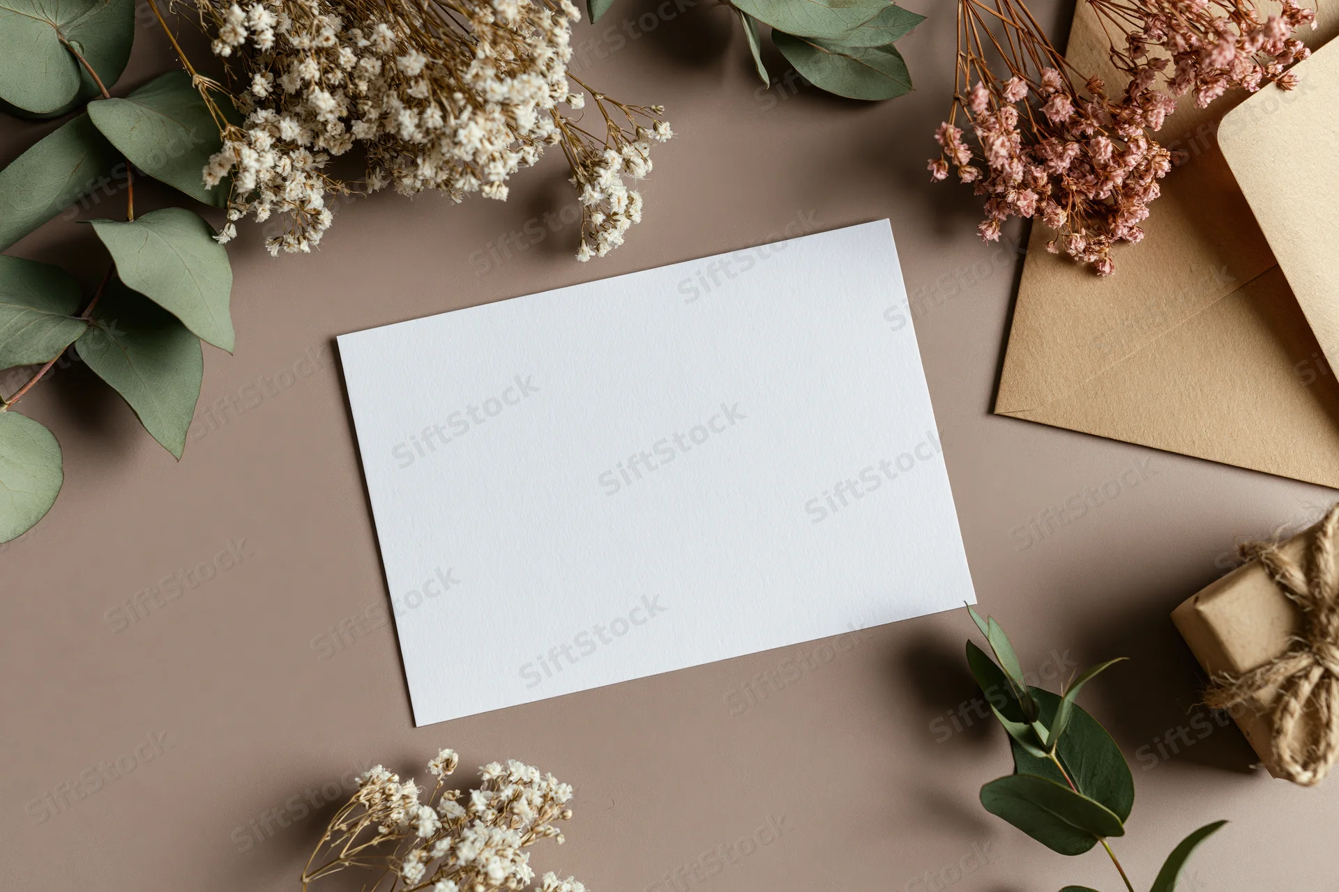 Blank white greeting card on muted taupe surface surrounded by dried flowers and eucalyptus leaves with envelope and gift box
