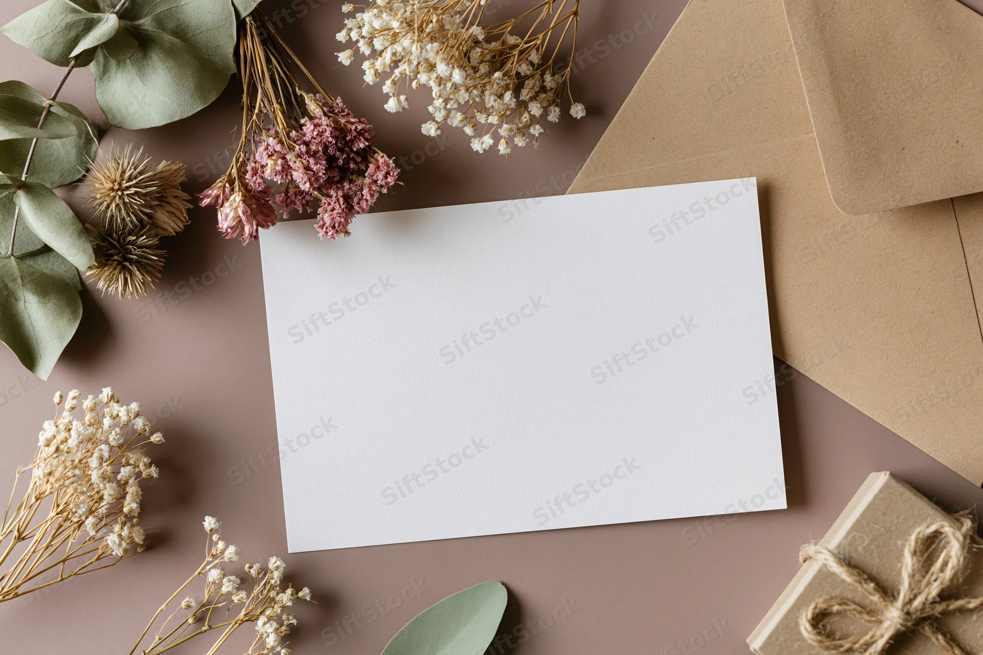 Blank white greeting card on muted taupe surface surrounded by dried flowers, kraft envelope and gift box