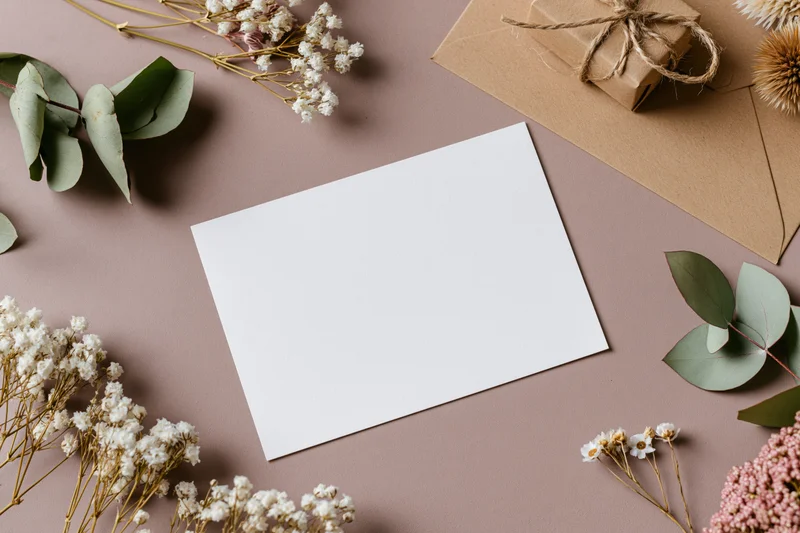 Blank white greeting card on muted taupe surface surrounded by dried flowers and gift wrapping materials