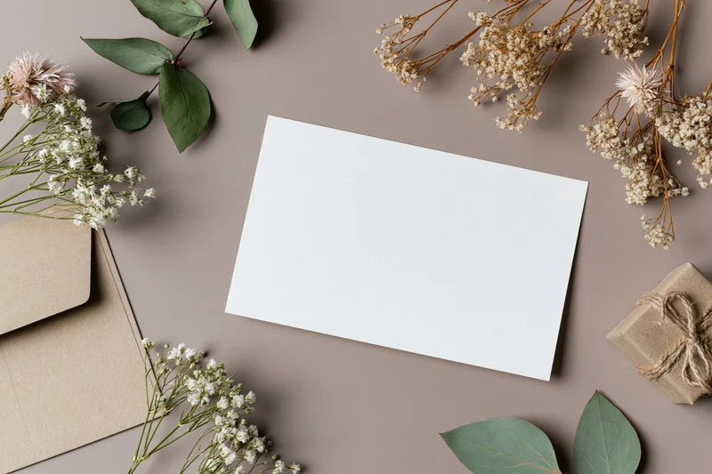 Blank white greeting card on muted taupe surface surrounded by dried flowers and gift wrapping materials