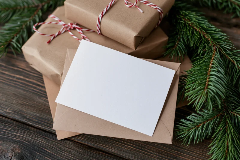 Blank white greeting card on kraft envelope with wrapped gifts and pine branches on dark wooden table