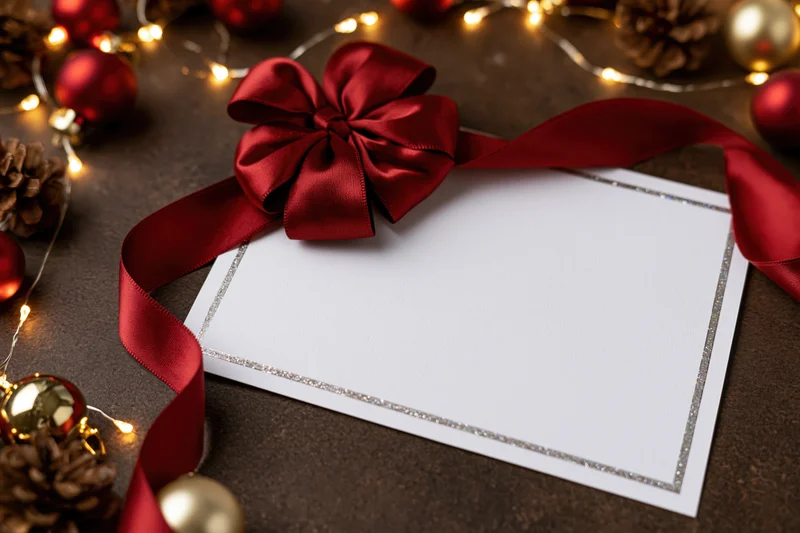 Blank white greeting card with silver glitter border and red ribbon bow, surrounded by christmas ornaments and fairy lights on dark surface