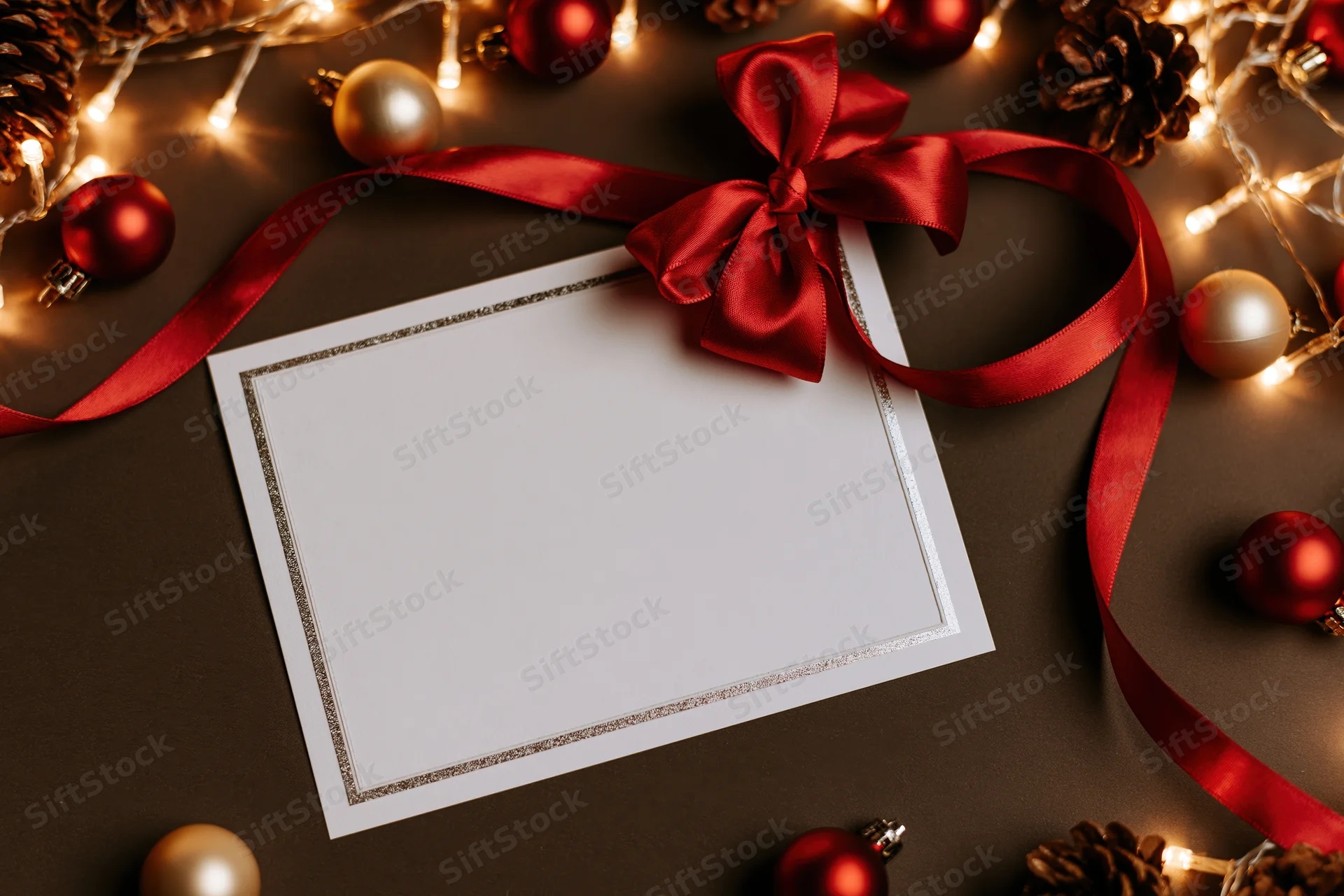 Blank white greeting card with silver glitter border and red ribbon bow surrounded by christmas ornaments and lights on dark surface