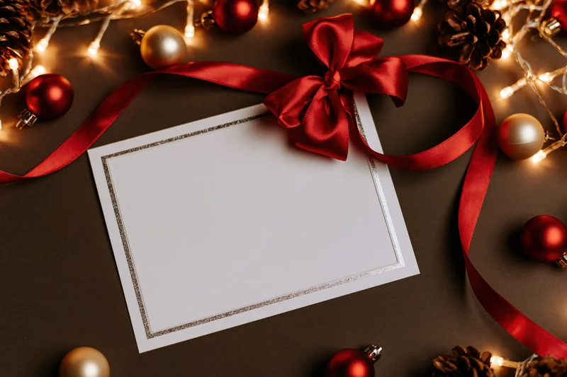 Blank white greeting card with silver glitter border and red ribbon bow surrounded by christmas ornaments and lights on dark surface