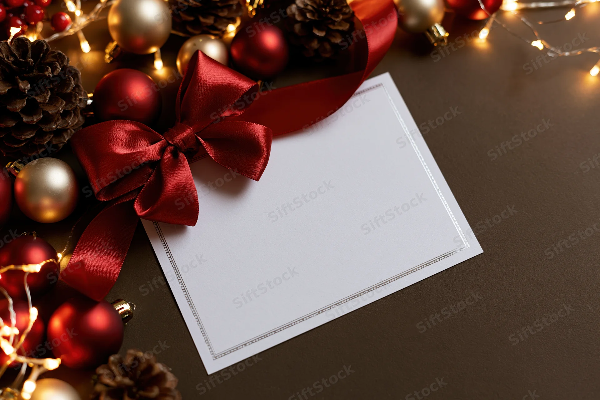 Blank white greeting card with silver border and red ribbon bow surrounded by christmas ornaments and lights on dark surface