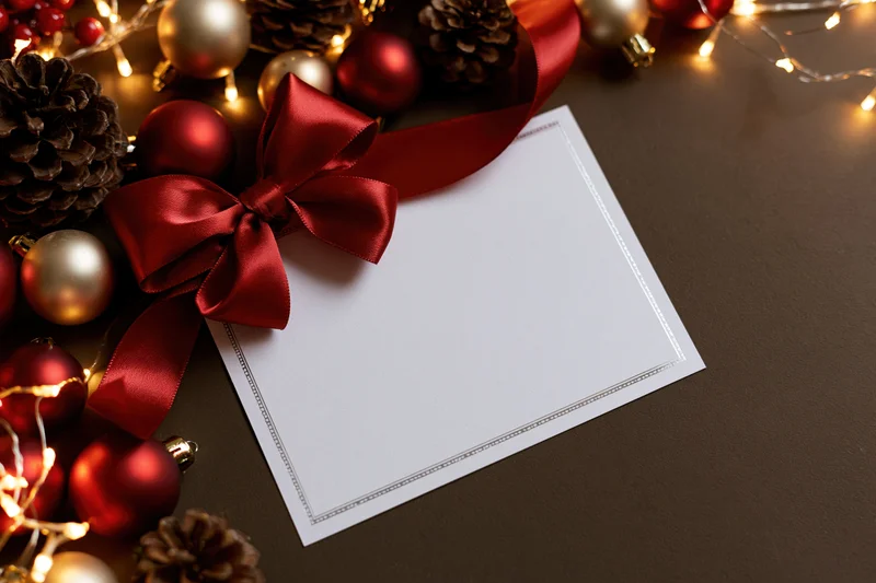 Blank white greeting card with silver border and red ribbon bow surrounded by christmas ornaments and lights on dark surface