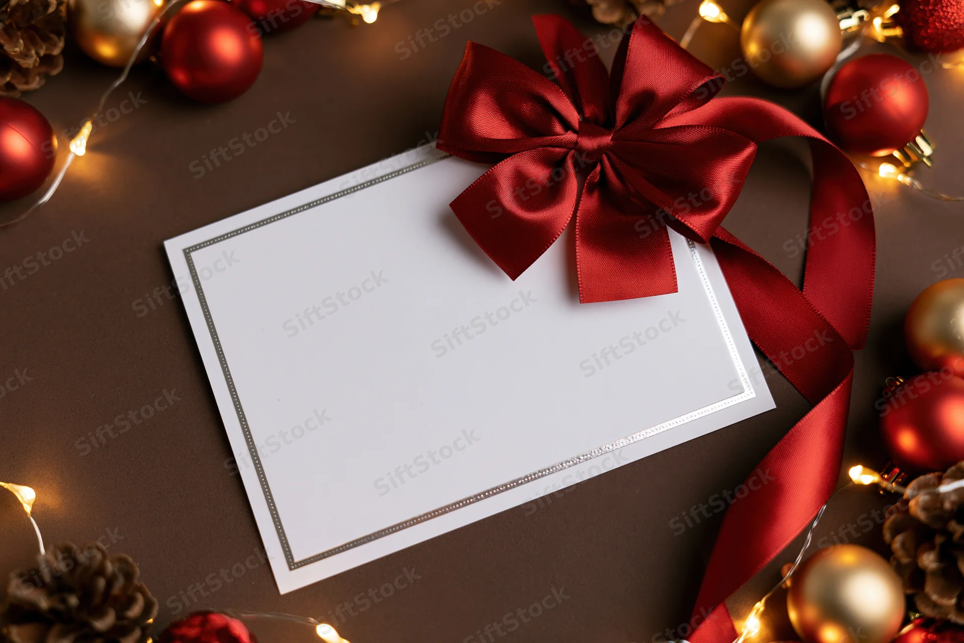 Blank white greeting card with red ribbon bow and silver border surrounded by christmas ornaments and lights on dark surface