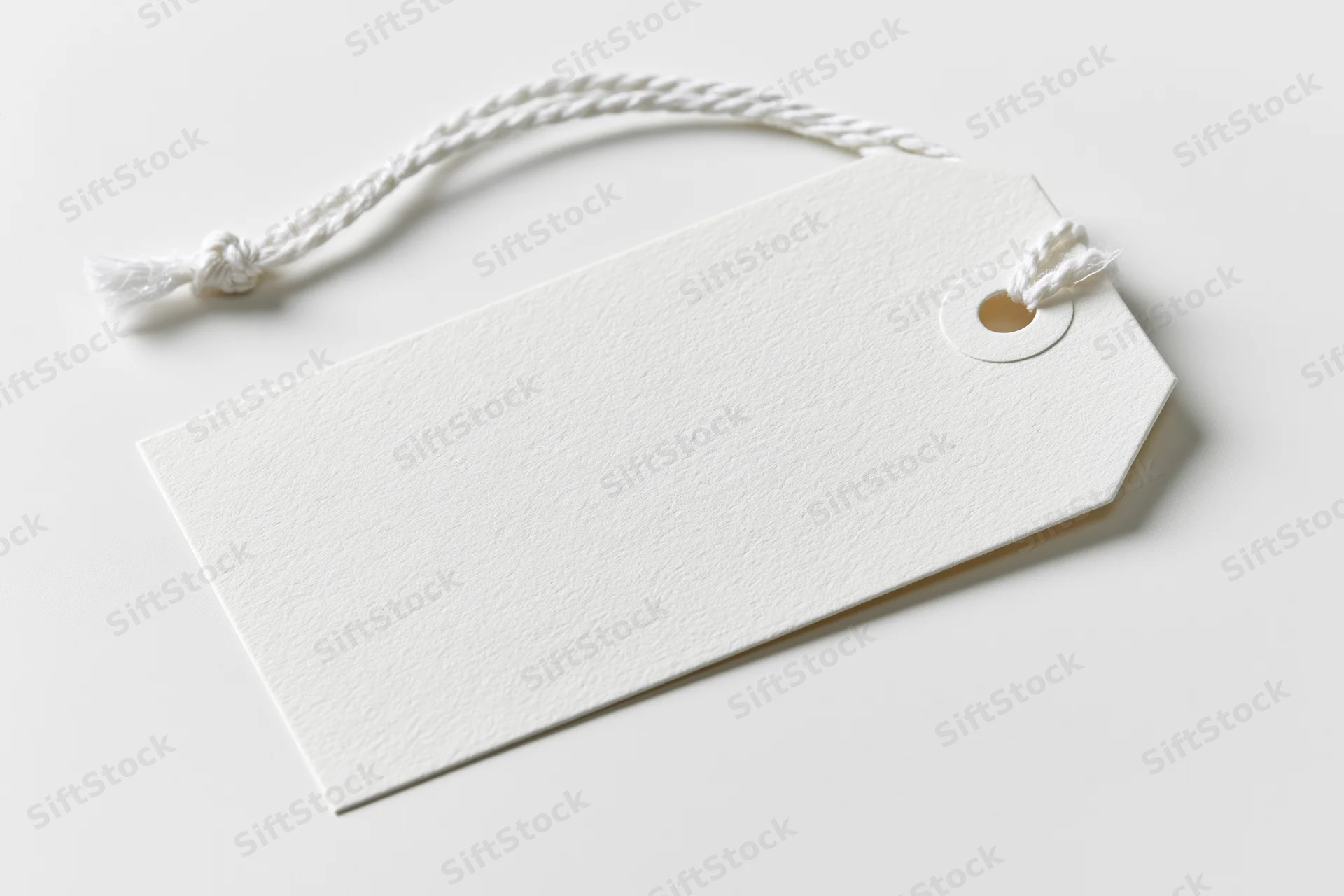 Blank white paper tag with twisted cotton string on plain surface