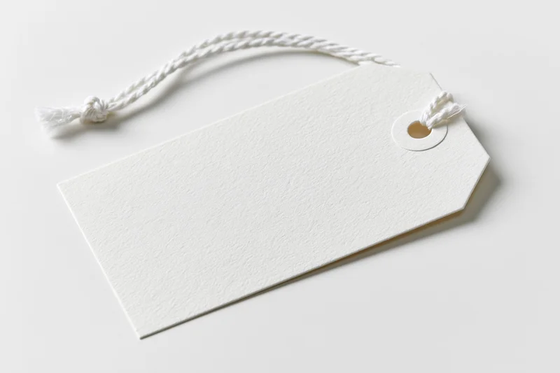 Blank white paper tag with twisted cotton string on plain surface