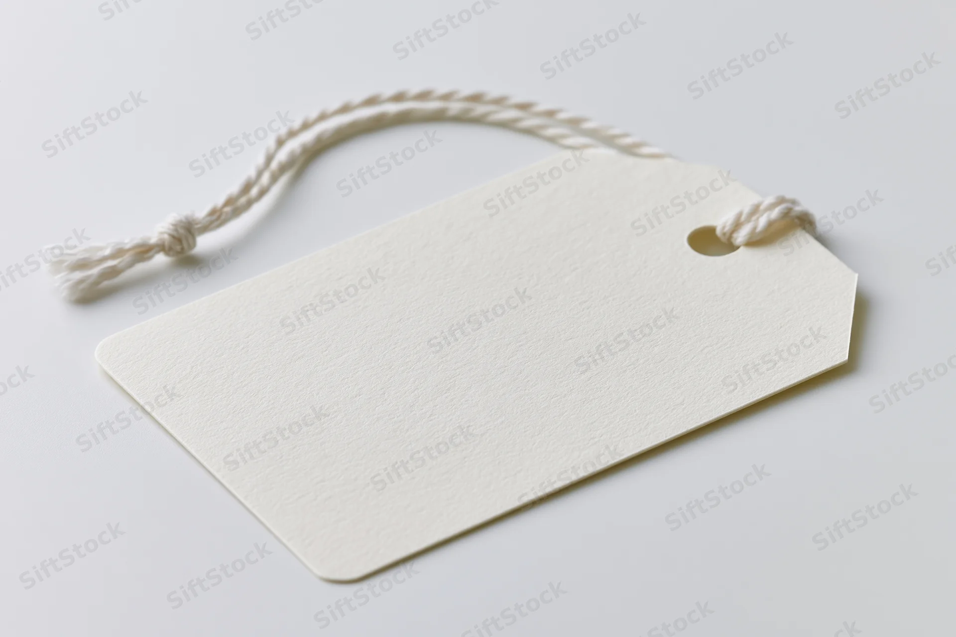 Blank white paper tag with twisted cotton string on plain background