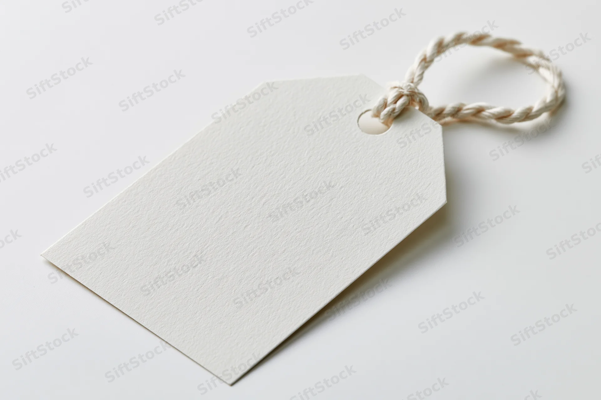 Blank white paper tag with twisted cotton string on plain white surface