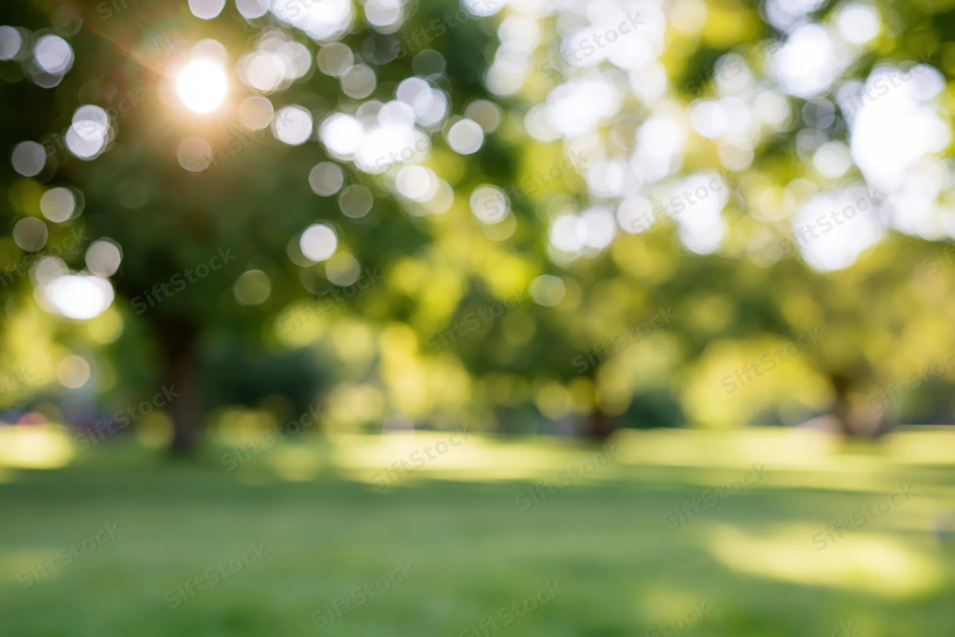Blurred view of a sunlit park with green trees and grass in soft focus