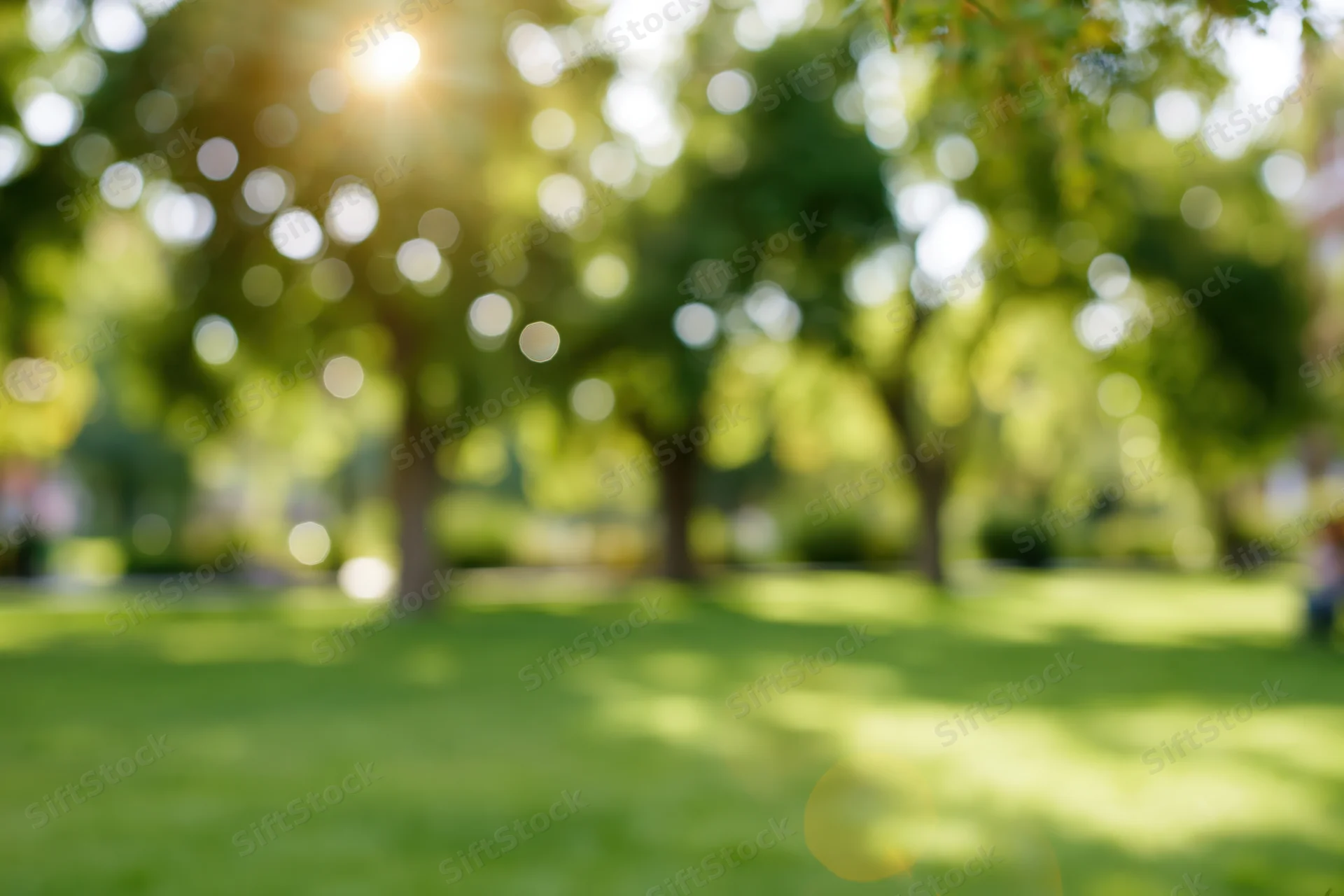 Blurred view of a sunlit city park with green grass and trees in soft focus