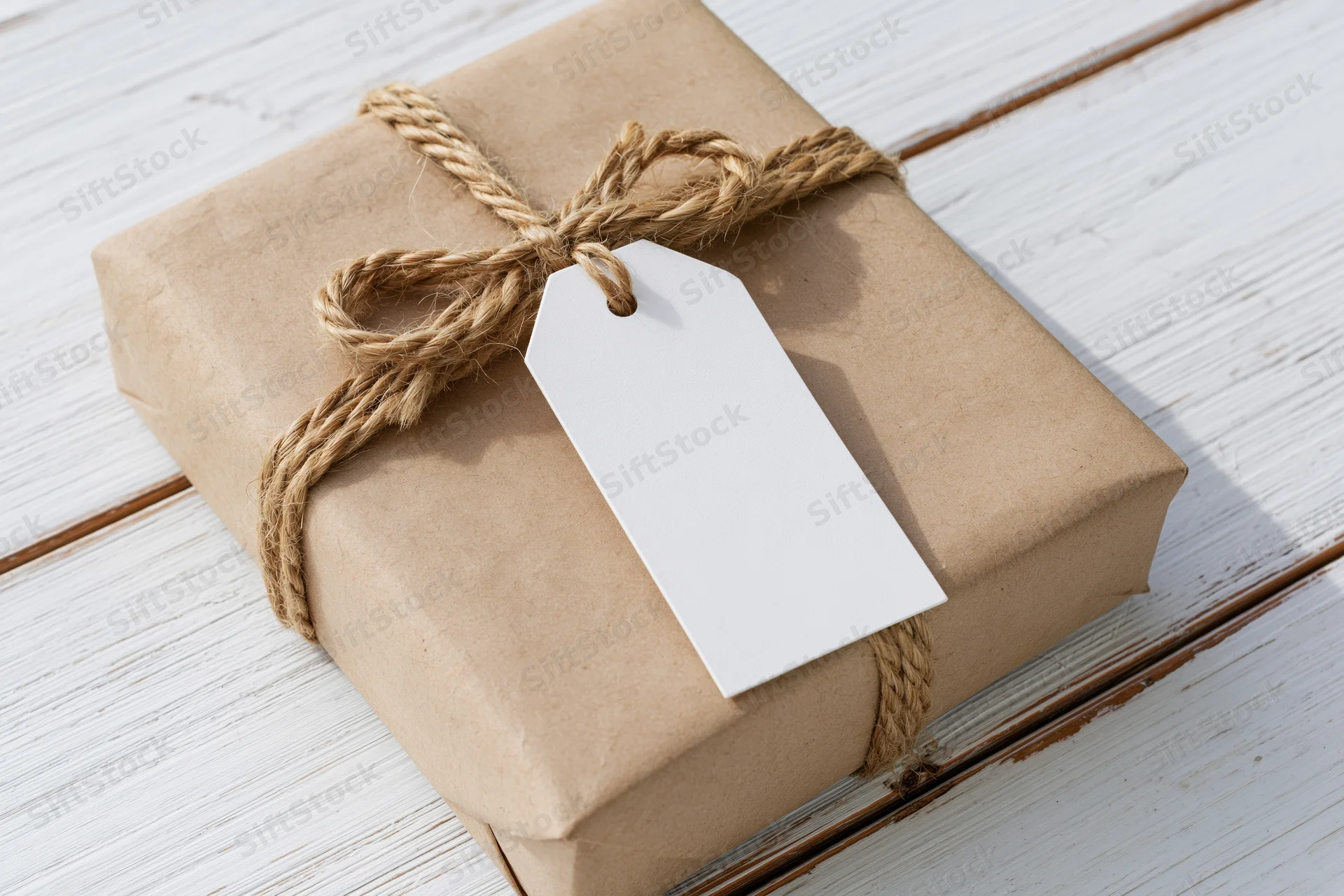 Brown kraft paper gift box tied with natural twine and blank white tag on white wooden surface