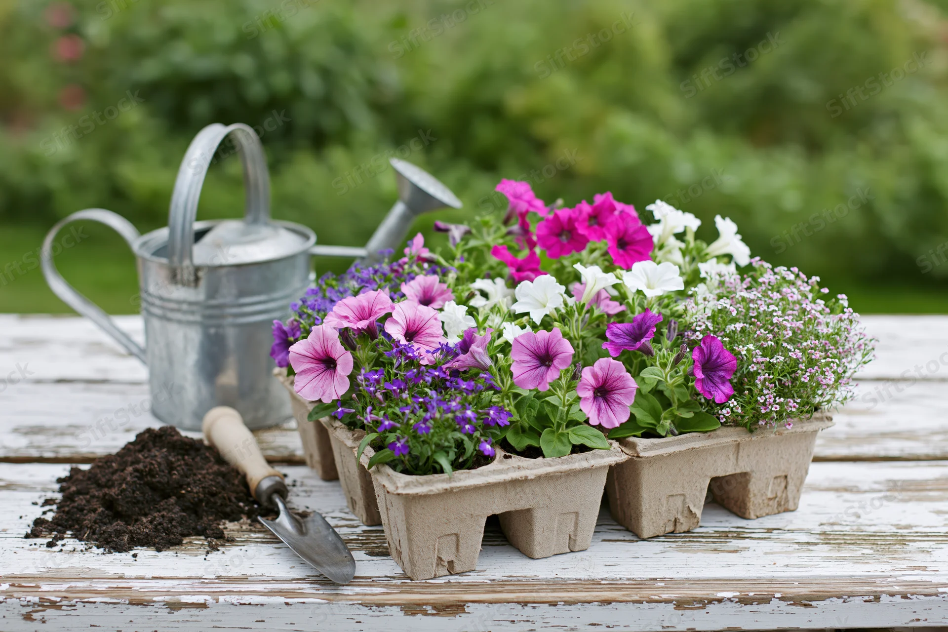 Blooming petunias lobelia and alyssum in cardboard trays on a wooden table with soil and gardening tools