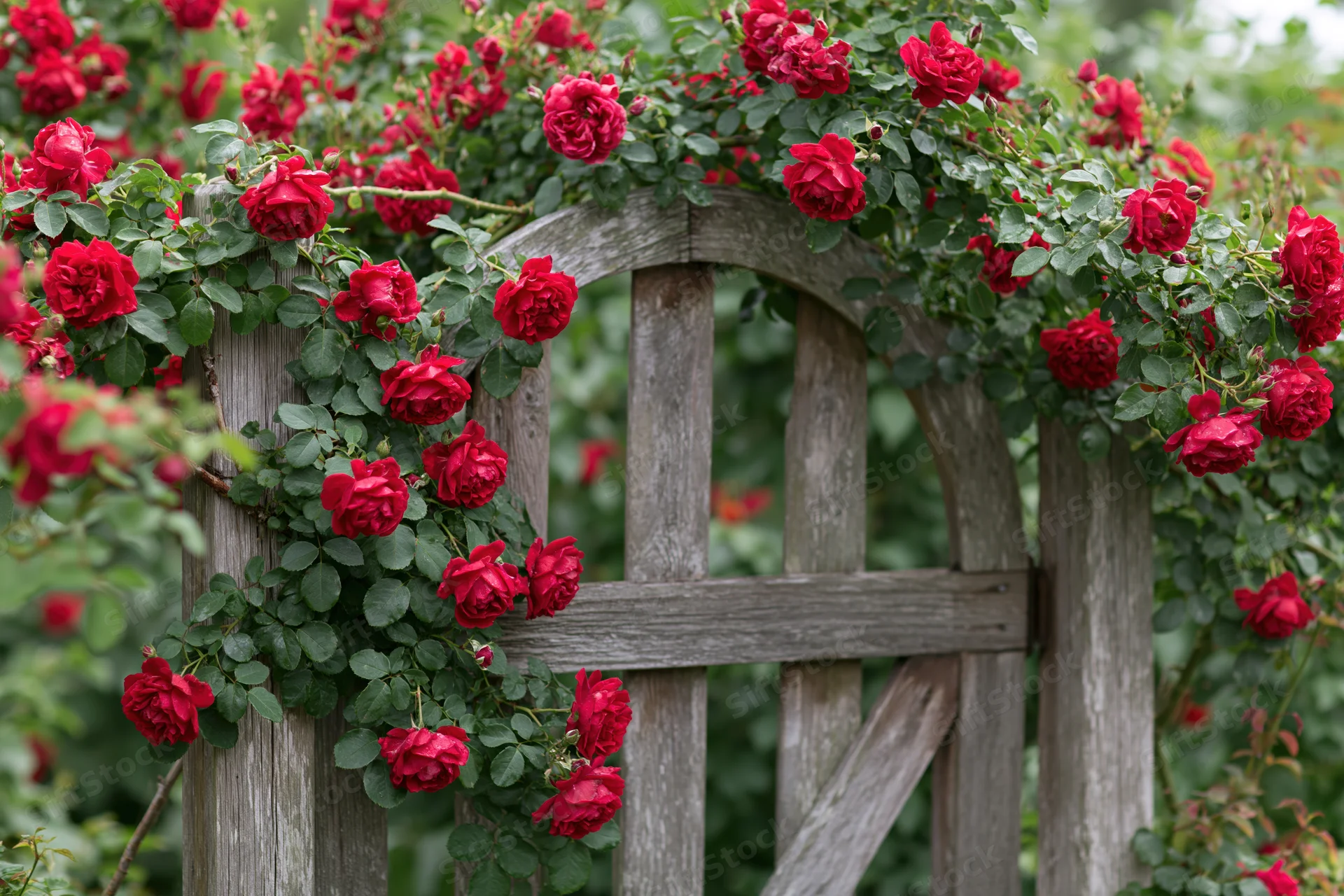 Climbing red roses in full bloom cascading over a wooden garden arch