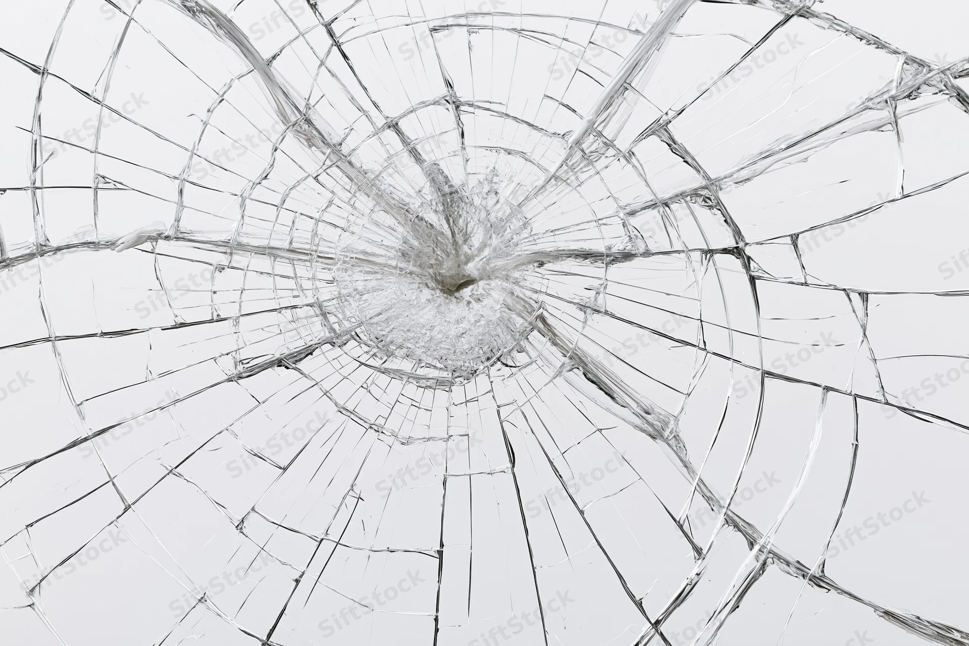 Close-up of shattered glass with radial cracks spreading from central impact point on white background