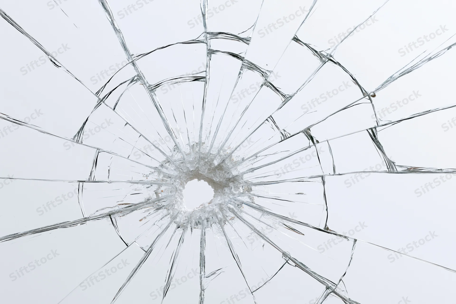 Shattered glass with radial cracks and central hole on white background