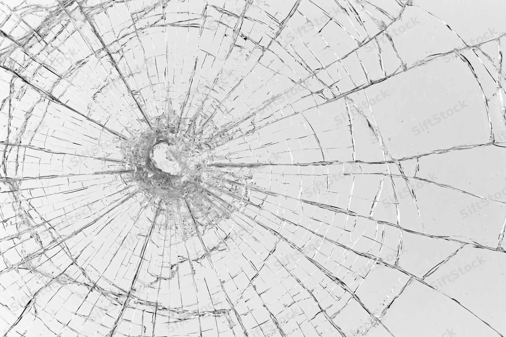 Close-up of shattered glass with radial cracks spreading from central hole