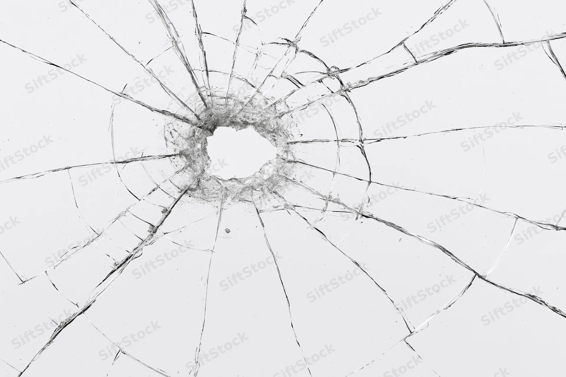 Shattered glass with central hole and radial cracks on white background