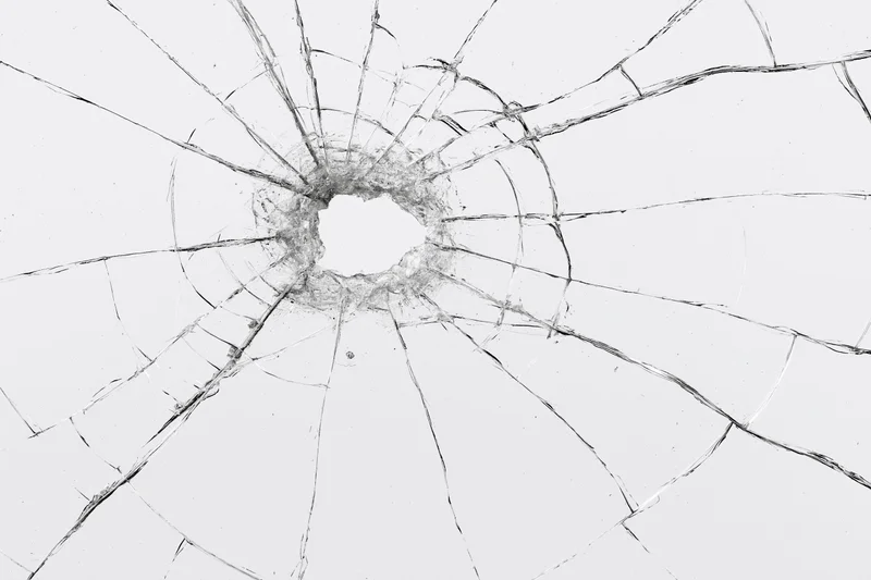 Shattered glass with central hole and radial cracks on white background