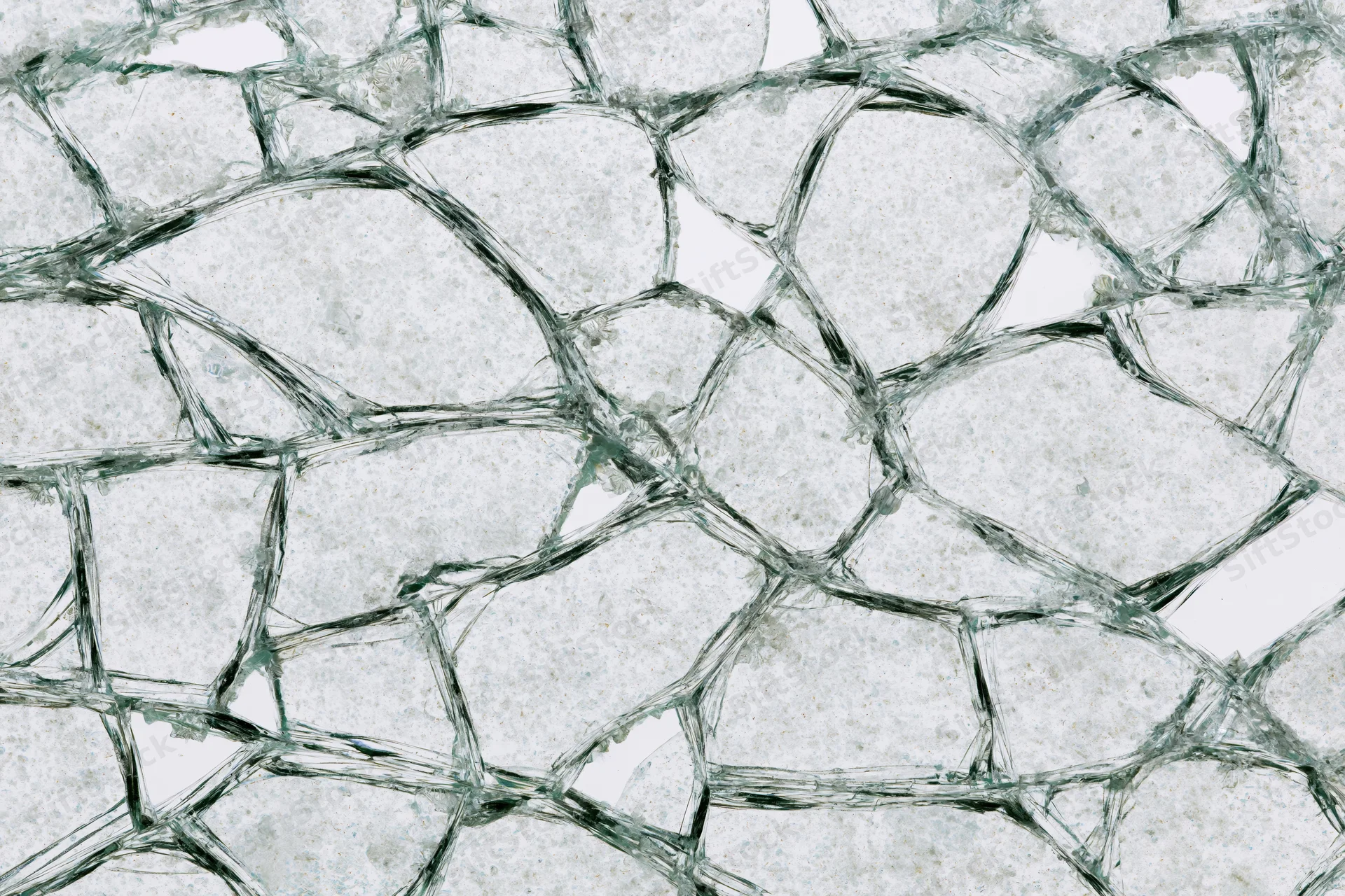 Close-up of shattered glass fragments forming a dense cracked pattern on a flat surface