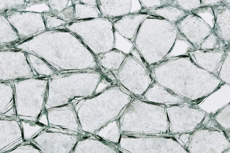 Close-up of shattered glass fragments forming a dense cracked pattern on a flat surface