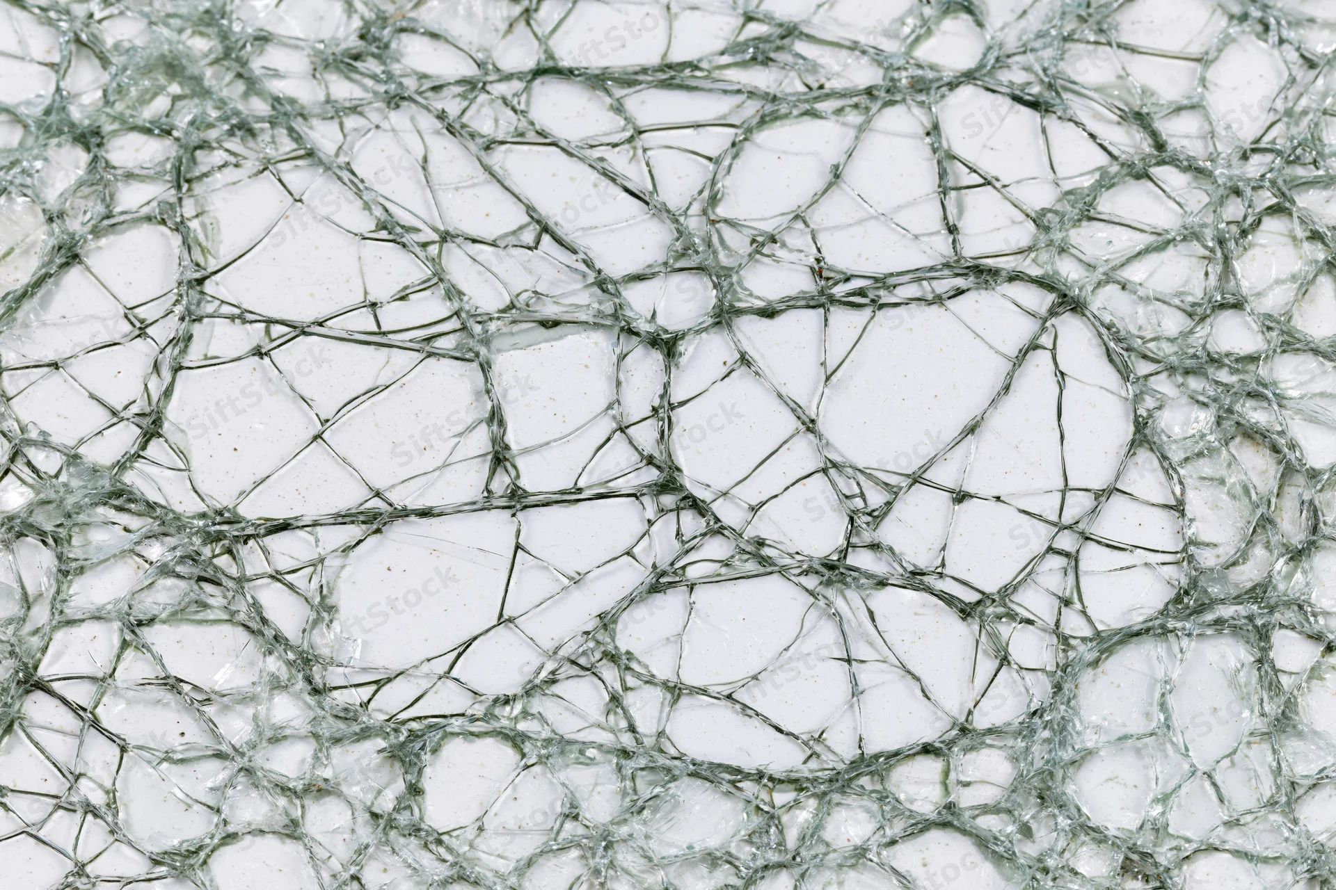 Close-up of shattered glass surface showing dense spiderweb cracks and fragments