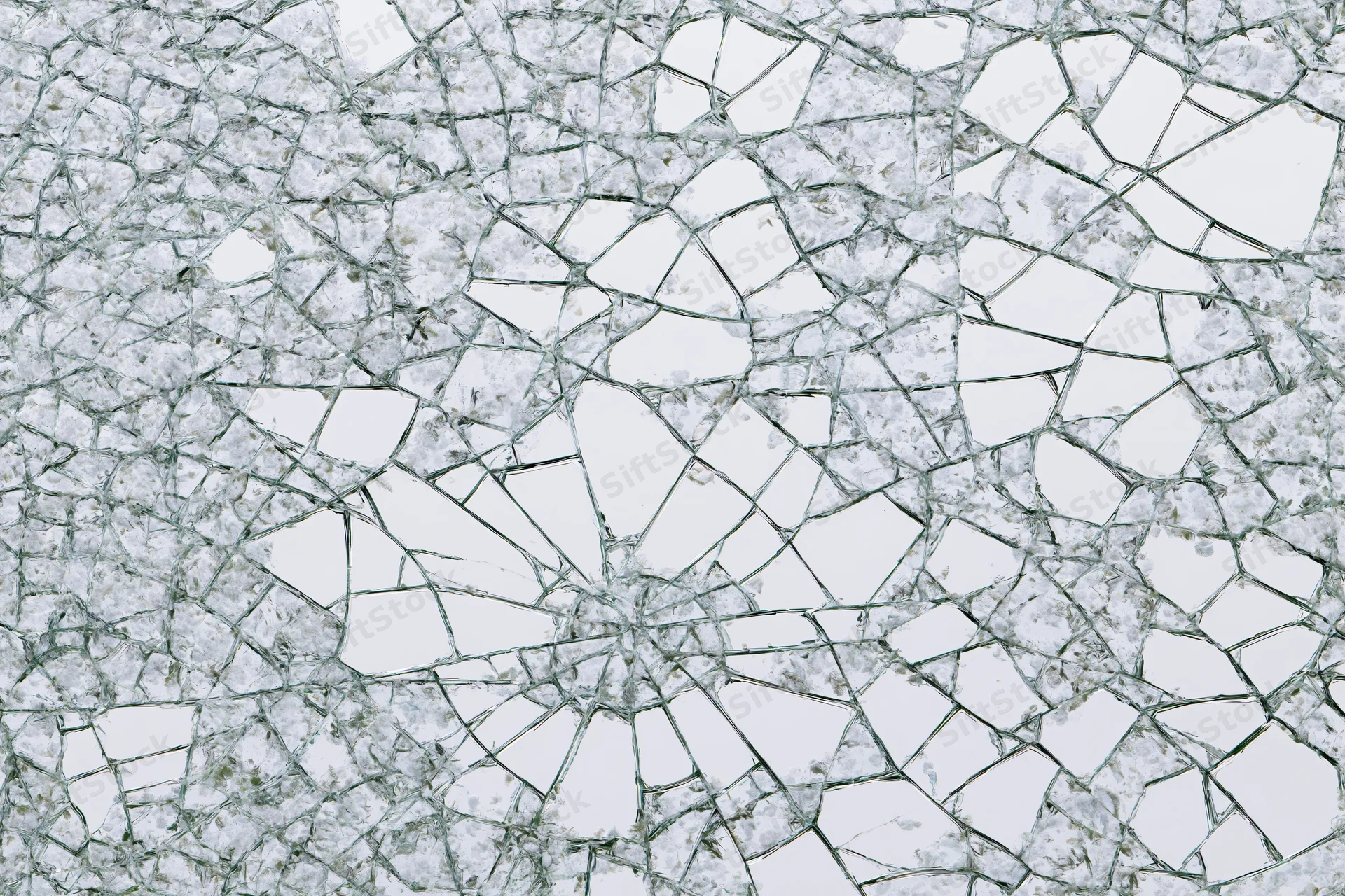 Close-up of shattered glass surface with spiderweb cracks radiating from center
