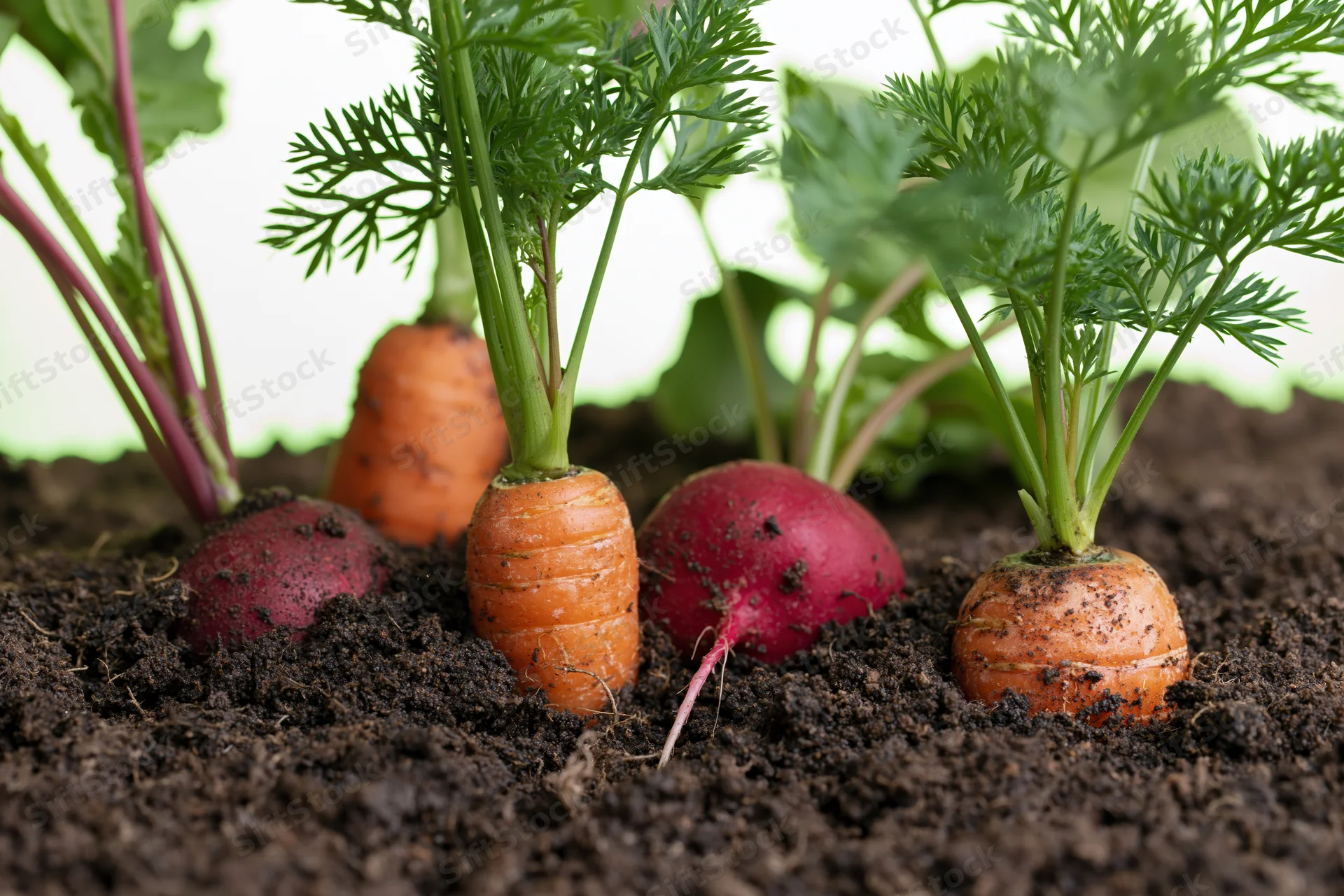 Carrots and radishes growing in soil with green tops visible at ground level