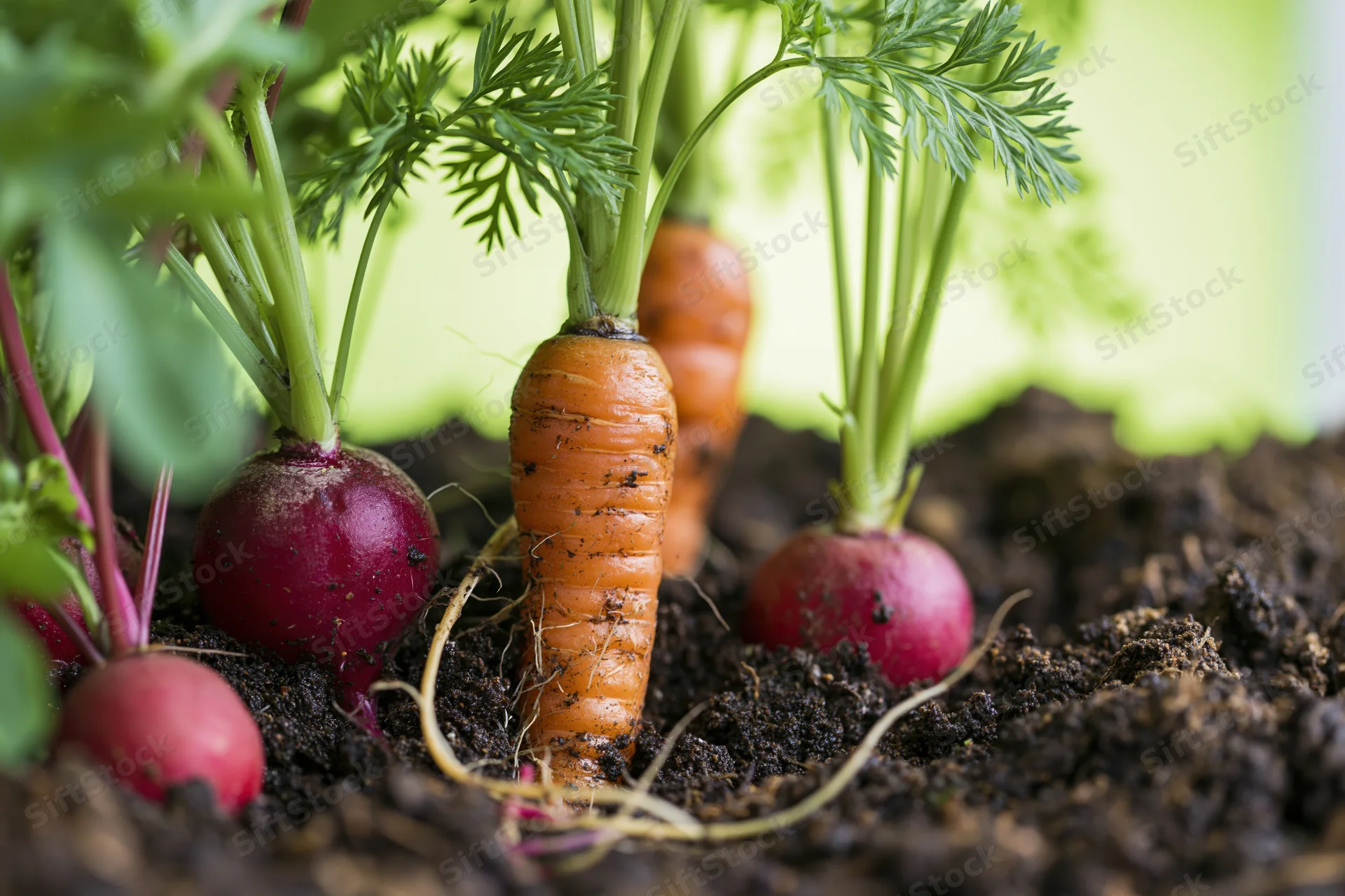Carrots and radishes growing in soil at ground level with green leaves and stems visible