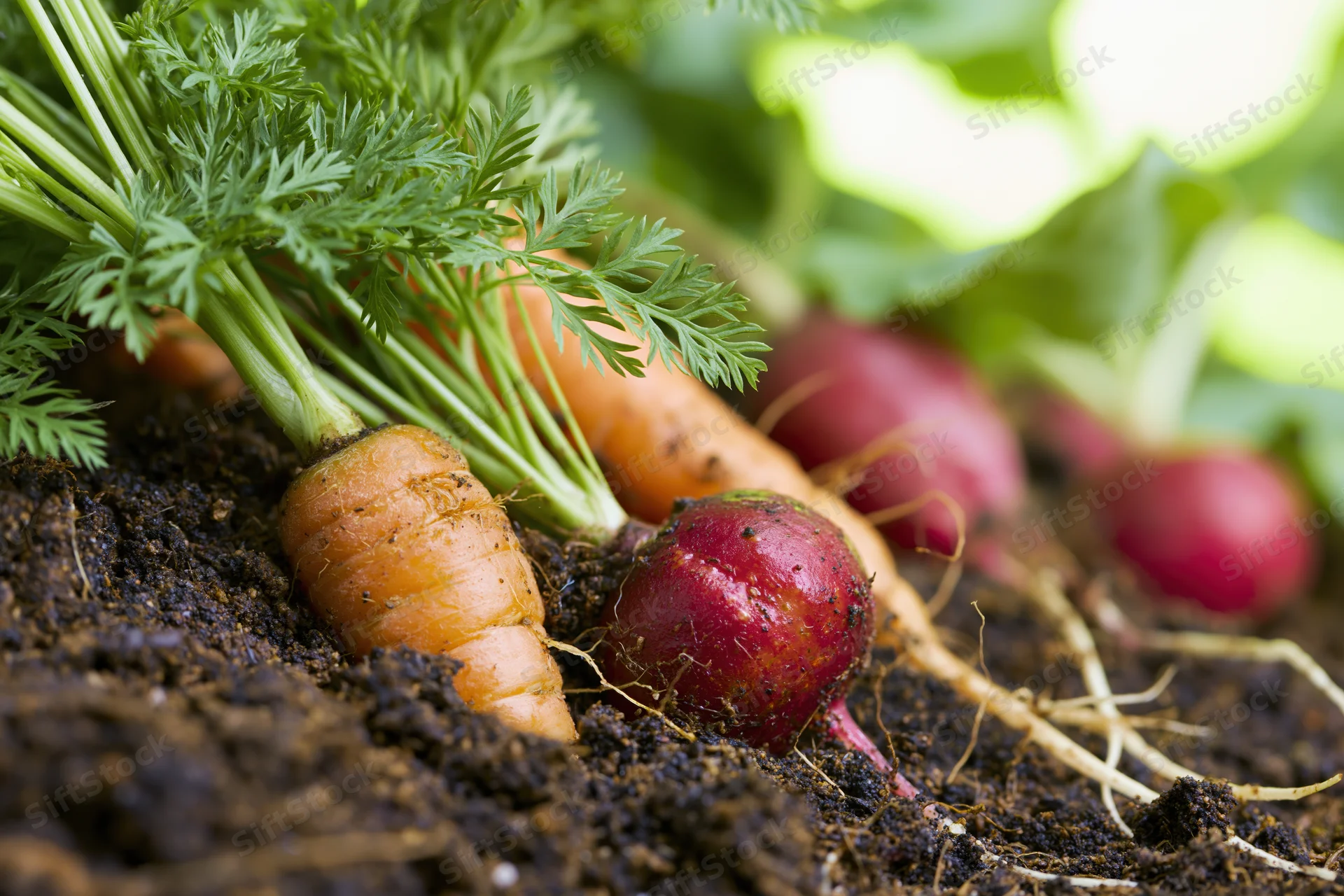 Carrots and radishes growing in soil with green tops visible at ground level