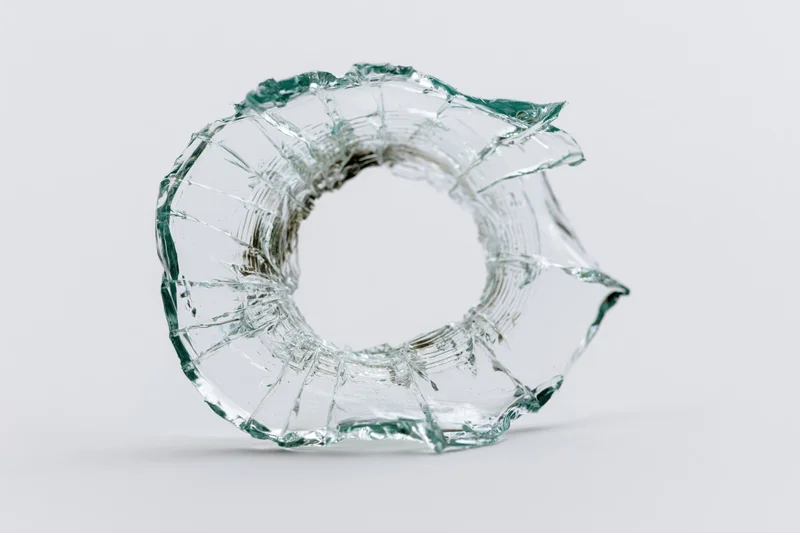 Shattered glass with circular bullet hole on white background