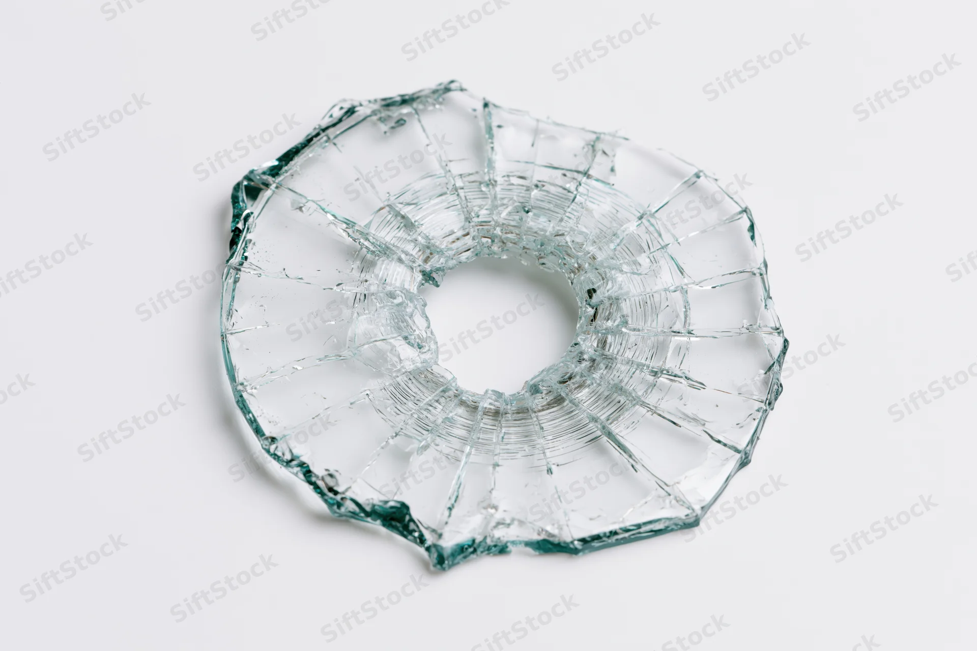Shattered glass with circular bullet hole on white background