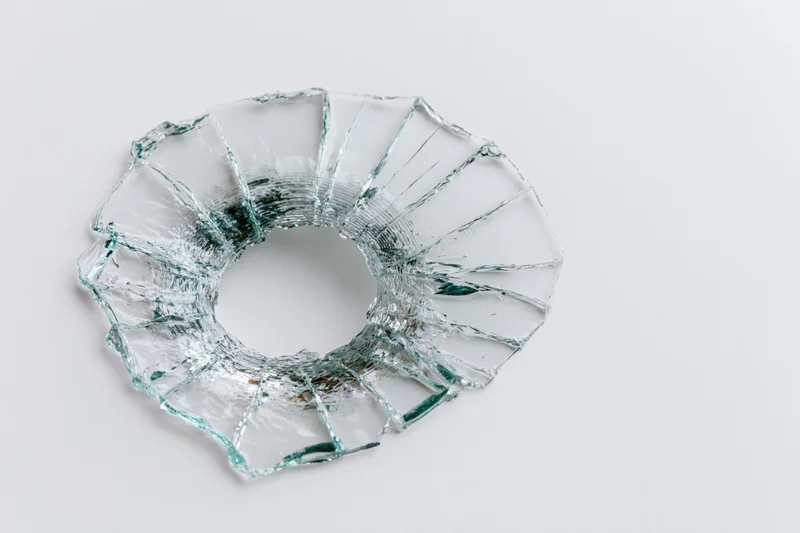 Circular bullet hole in shattered glass on white background